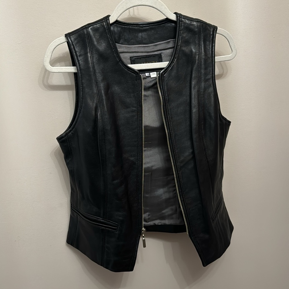 Valencia Leather Soft Black Lined Silvertone Zip Pockets Vest S